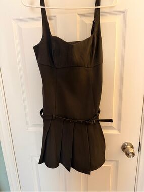 Lush Charcoal Grey Pleated Mini Dress with Belt